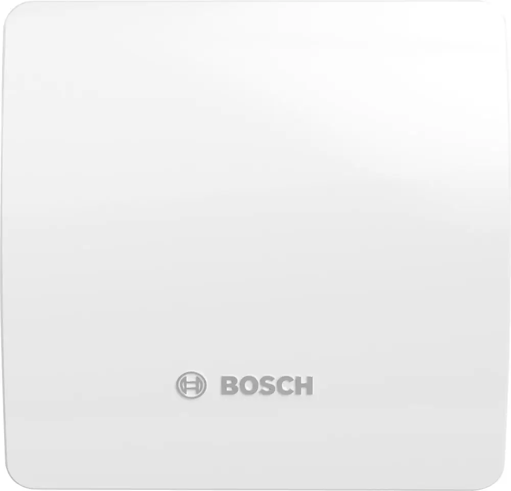 Weißes Gehäuse eines Bosch Ventilators mit flacher Frontfläche und dezentem Logo. Der Durchmesser des Geräts ist nicht sichtbar. Ideal für Badezimmeranwendungen.